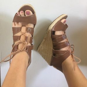 Brown lace up espadrilles wedges